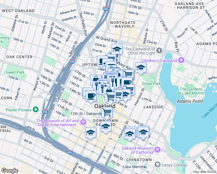 map of restaurants, bars, coffee shops, grocery stores, and more near in Oakland
