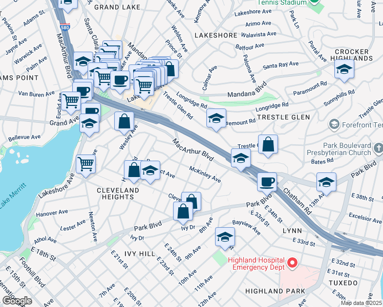 map of restaurants, bars, coffee shops, grocery stores, and more near 811 MacArthur Boulevard in Oakland