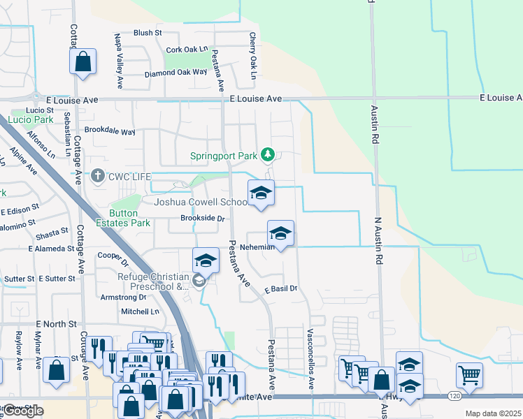 map of restaurants, bars, coffee shops, grocery stores, and more near 740 Pestana Avenue in Manteca