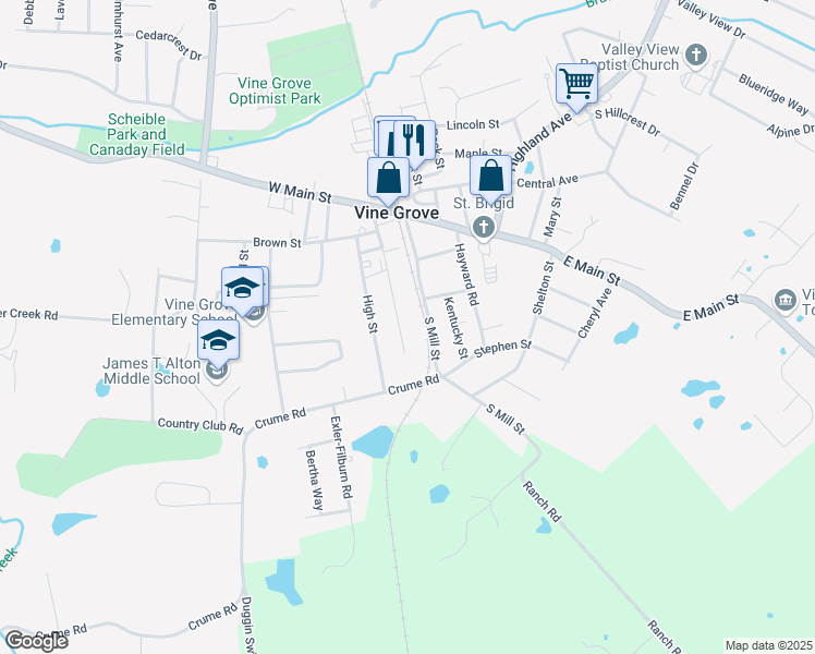 map of restaurants, bars, coffee shops, grocery stores, and more near 330 Church Street in Vine Grove