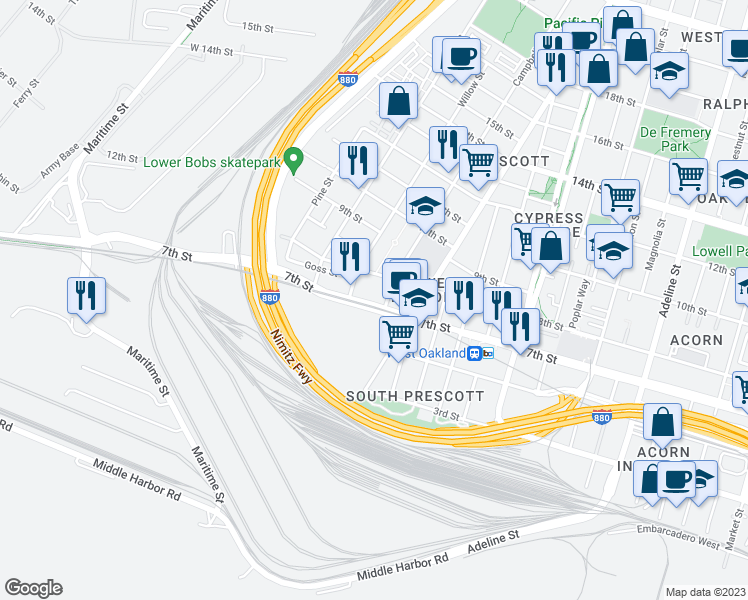 map of restaurants, bars, coffee shops, grocery stores, and more near 1666 7th Street in Oakland