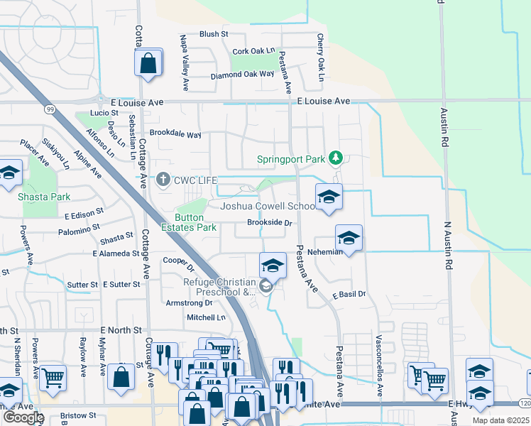 map of restaurants, bars, coffee shops, grocery stores, and more near 1738 Brookside Drive in Manteca
