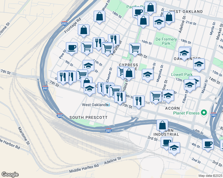 map of restaurants, bars, coffee shops, grocery stores, and more near 1451 8th Street in Oakland