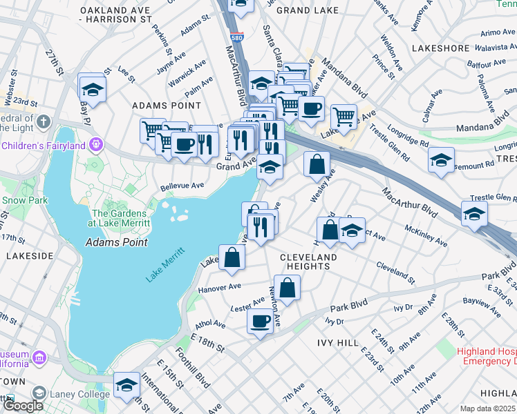 map of restaurants, bars, coffee shops, grocery stores, and more near 2316 Lakeshore Avenue in Oakland