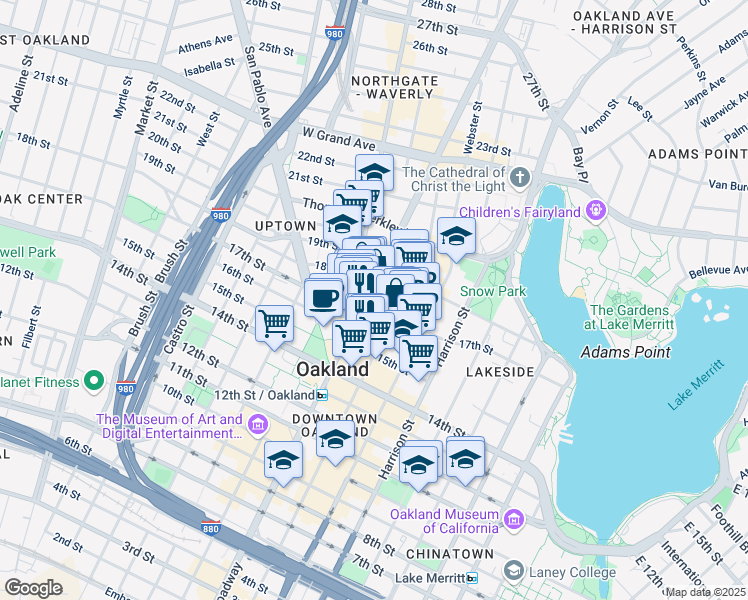 map of restaurants, bars, coffee shops, grocery stores, and more near in Oakland