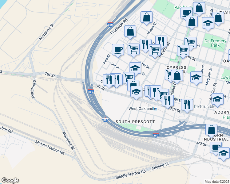 map of restaurants, bars, coffee shops, grocery stores, and more near 7th St & Willow St in Oakland