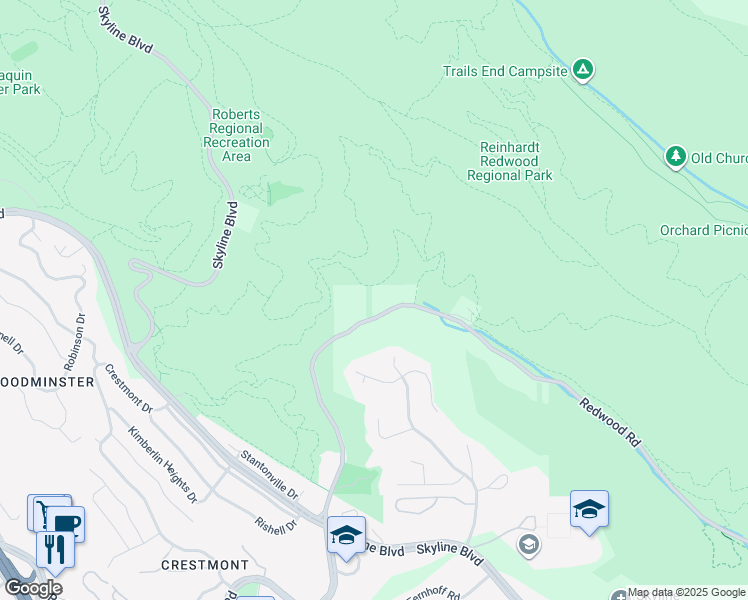 map of restaurants, bars, coffee shops, grocery stores, and more near 6295 Redwood Road in Oakland