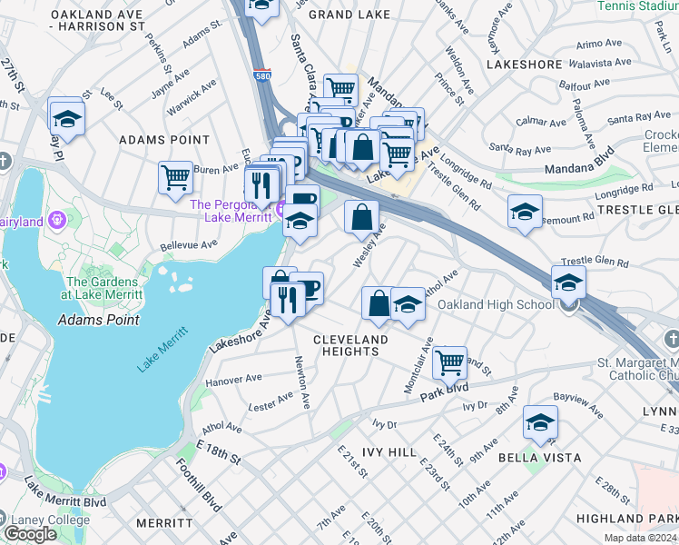 map of restaurants, bars, coffee shops, grocery stores, and more near 568 Wesley Avenue in Oakland