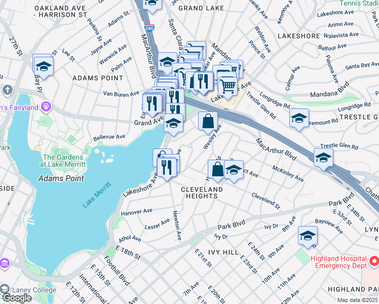map of restaurants, bars, coffee shops, grocery stores, and more near 568 Wesley Avenue in Oakland