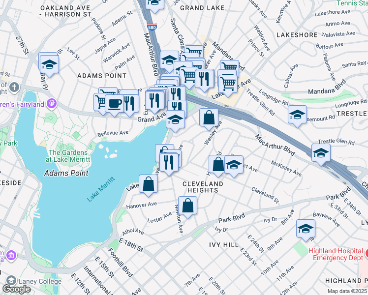 map of restaurants, bars, coffee shops, grocery stores, and more near 450 Merritt Avenue in Oakland