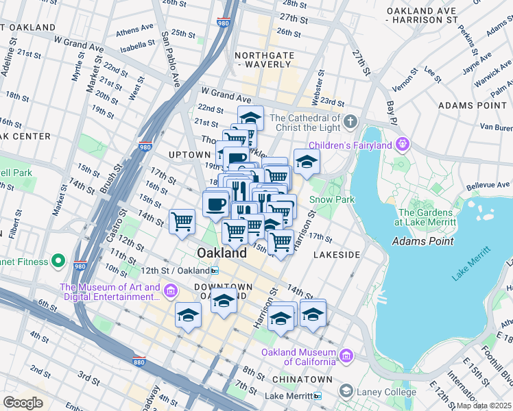 map of restaurants, bars, coffee shops, grocery stores, and more near in Oakland