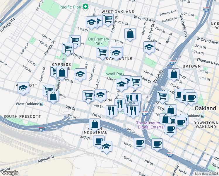 map of restaurants, bars, coffee shops, grocery stores, and more near 1009 10th Street in Oakland