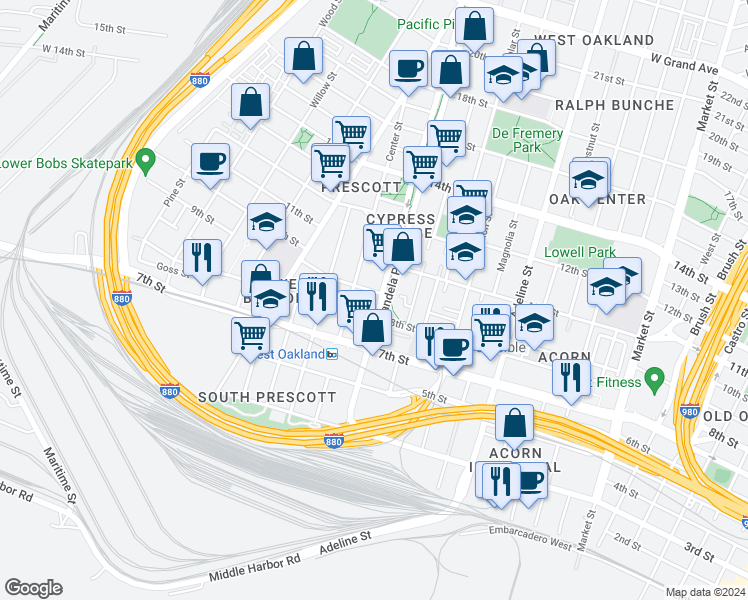 map of restaurants, bars, coffee shops, grocery stores, and more near 1411a 8th Street in Oakland