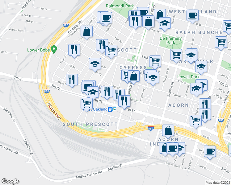map of restaurants, bars, coffee shops, grocery stores, and more near 1440 7th Street in Oakland