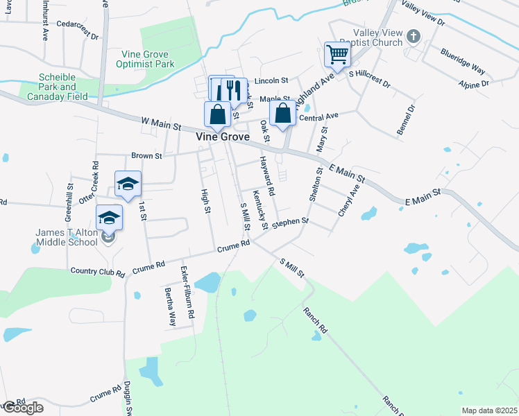 map of restaurants, bars, coffee shops, grocery stores, and more near 100B Kentucky Street in Vine Grove