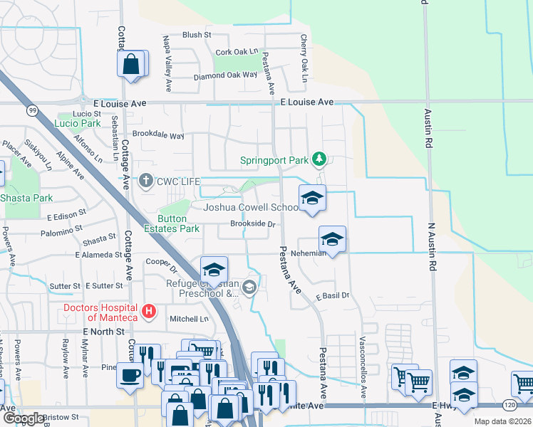 map of restaurants, bars, coffee shops, grocery stores, and more near 655 Pestana Avenue in Manteca