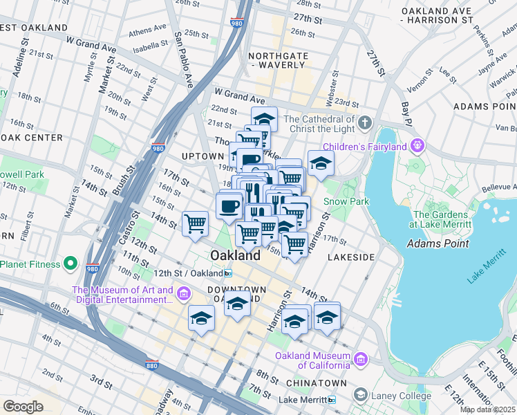 map of restaurants, bars, coffee shops, grocery stores, and more near in Oakland