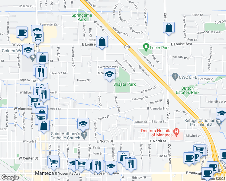 map of restaurants, bars, coffee shops, grocery stores, and more near 751 West Edison Street in Manteca
