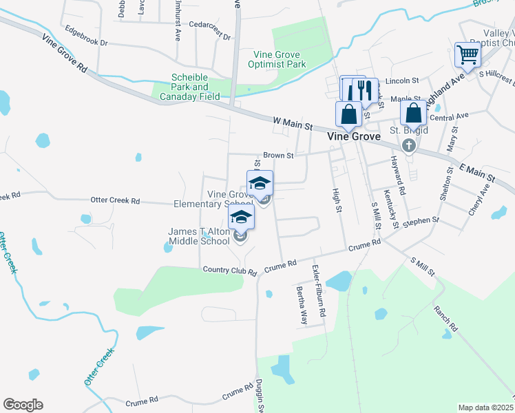 map of restaurants, bars, coffee shops, grocery stores, and more near 309 1st Street in Vine Grove