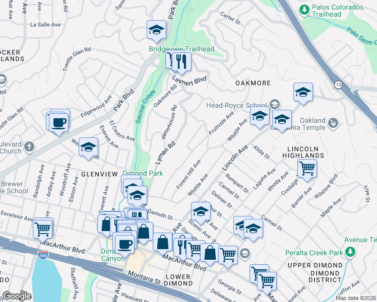 map of restaurants, bars, coffee shops, grocery stores, and more near 3983 Forest Hill Avenue in Oakland