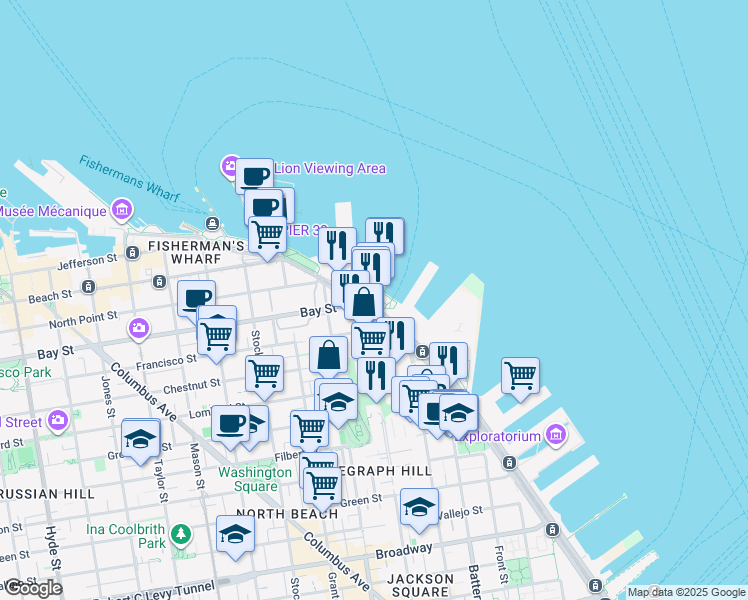 map of restaurants, bars, coffee shops, grocery stores, and more near 33 Pier in San Francisco