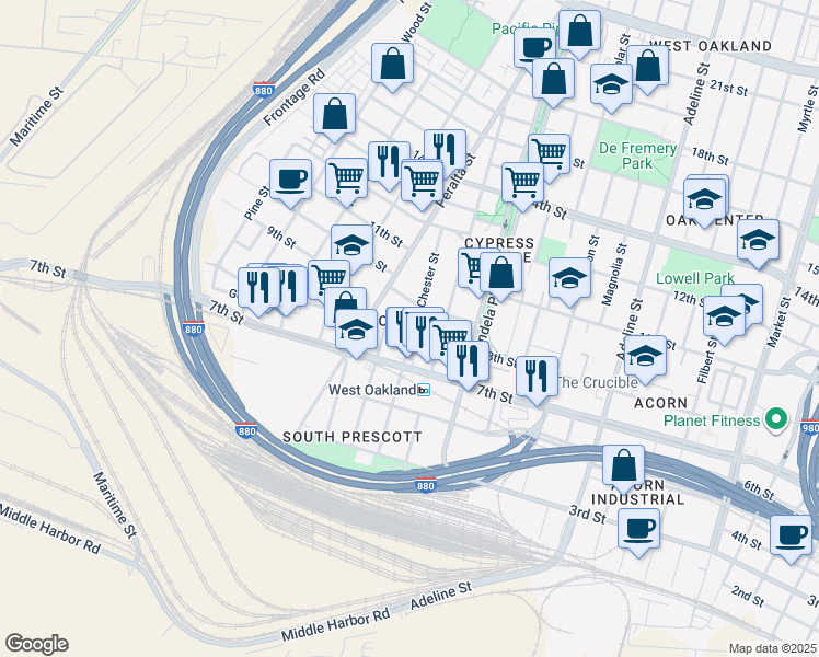 map of restaurants, bars, coffee shops, grocery stores, and more near 1504 8th Street in Oakland