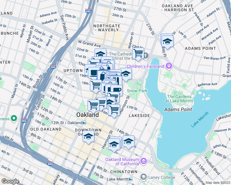 map of restaurants, bars, coffee shops, grocery stores, and more near 1901 Franklin Street in Oakland