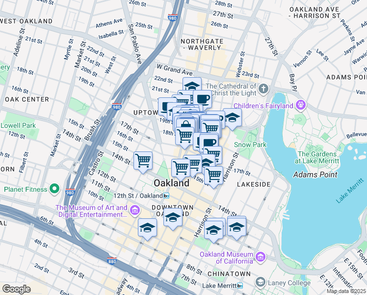 map of restaurants, bars, coffee shops, grocery stores, and more near 17th Street in Oakland