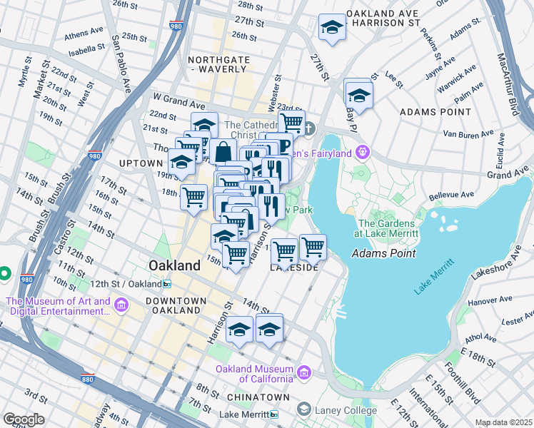 map of restaurants, bars, coffee shops, grocery stores, and more near 1901 Harrison Street in Oakland