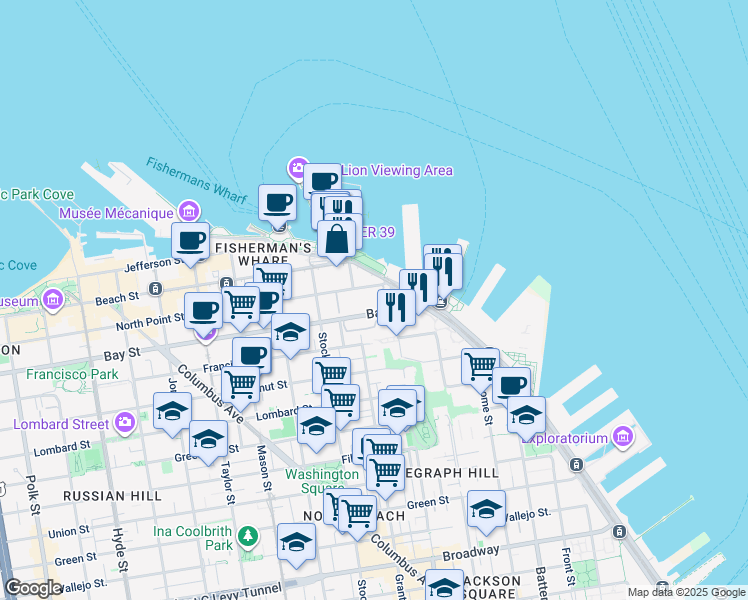map of restaurants, bars, coffee shops, grocery stores, and more near 1 North Point Street in San Francisco