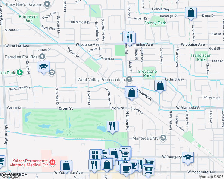 map of restaurants, bars, coffee shops, grocery stores, and more near 562 Greenview Place in Manteca