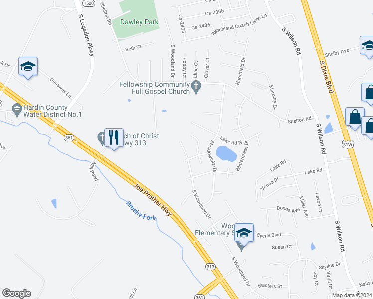 map of restaurants, bars, coffee shops, grocery stores, and more near 3006 South Woodland Drive in Radcliff