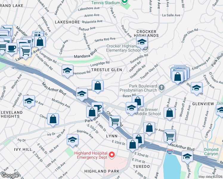 map of restaurants, bars, coffee shops, grocery stores, and more near 1168 Trestle Glen Road in Oakland