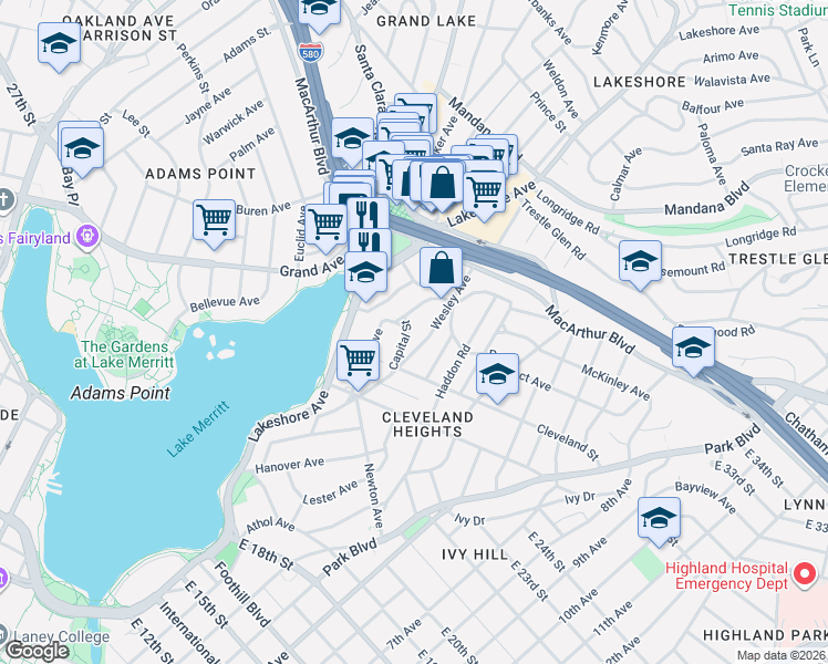 map of restaurants, bars, coffee shops, grocery stores, and more near 540 Merritt Avenue in Oakland
