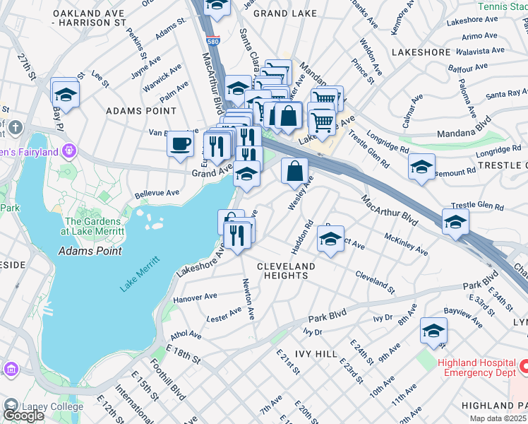 map of restaurants, bars, coffee shops, grocery stores, and more near 520 Boden Way in Oakland