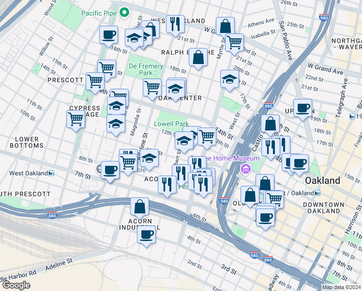 map of restaurants, bars, coffee shops, grocery stores, and more near in Oakland