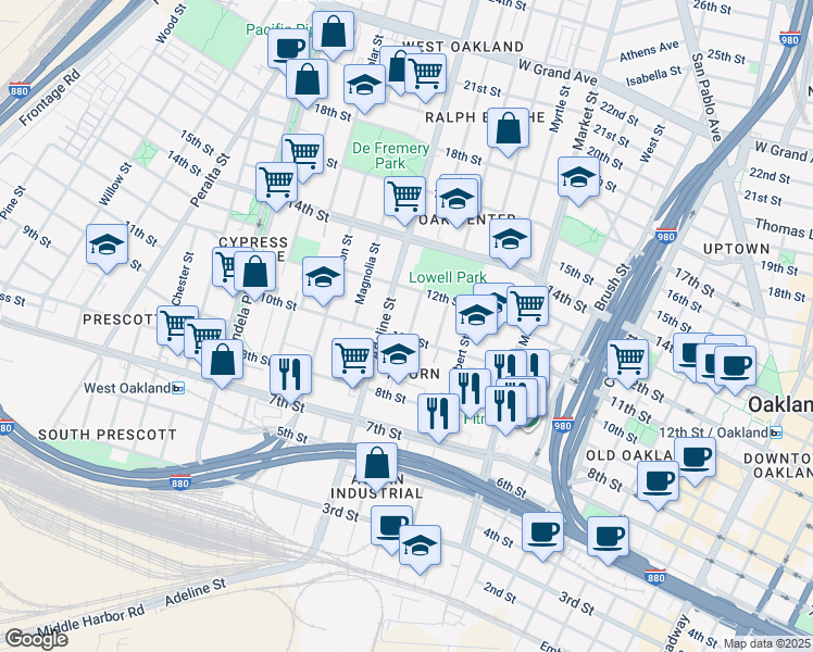 map of restaurants, bars, coffee shops, grocery stores, and more near 1115 Chestnut Street in Oakland
