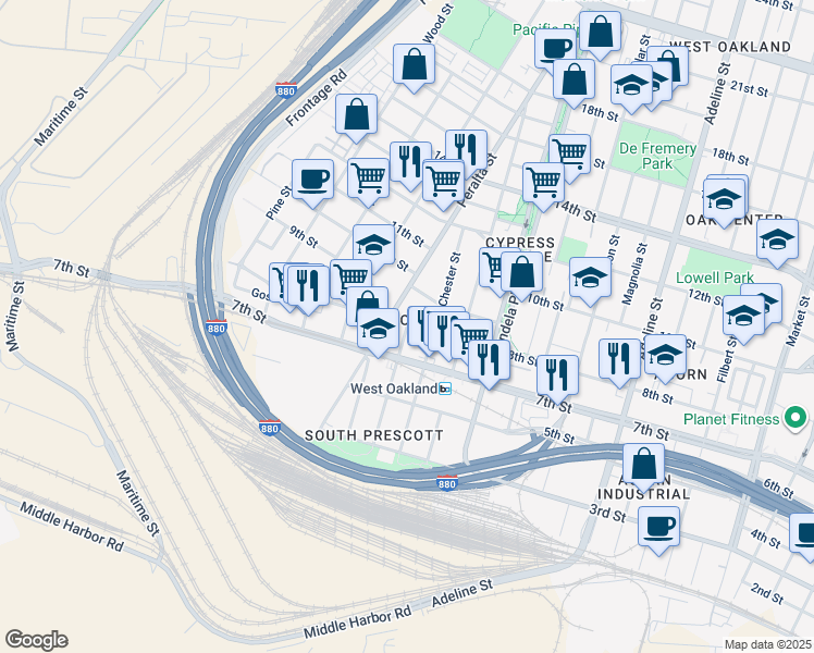 map of restaurants, bars, coffee shops, grocery stores, and more near 824 Henry Street in Oakland