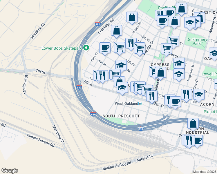 map of restaurants, bars, coffee shops, grocery stores, and more near 1659 8th Street in Oakland