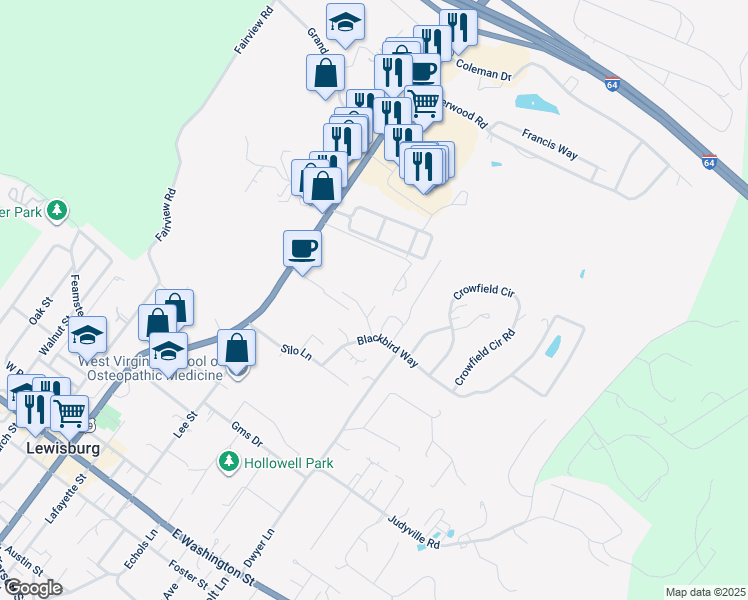 map of restaurants, bars, coffee shops, grocery stores, and more near 224 North Rosewood Drive in Lewisburg