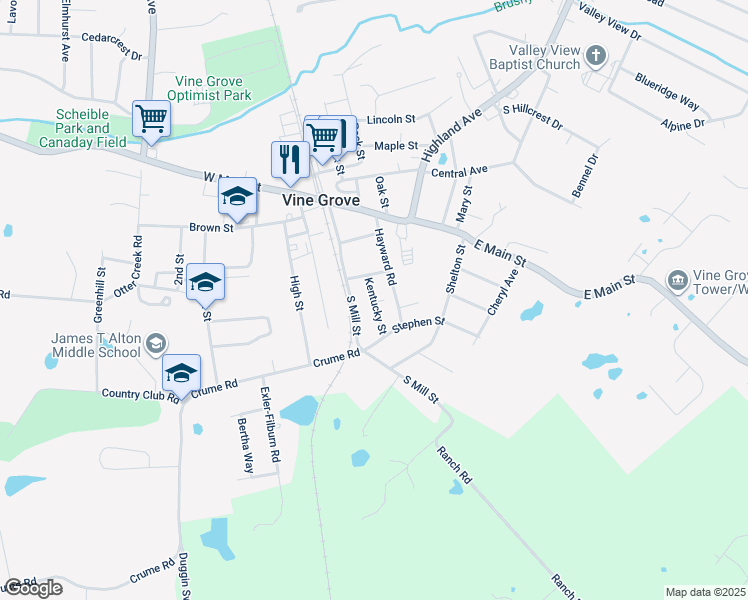 map of restaurants, bars, coffee shops, grocery stores, and more near 200-298 Vine St in Vine Grove