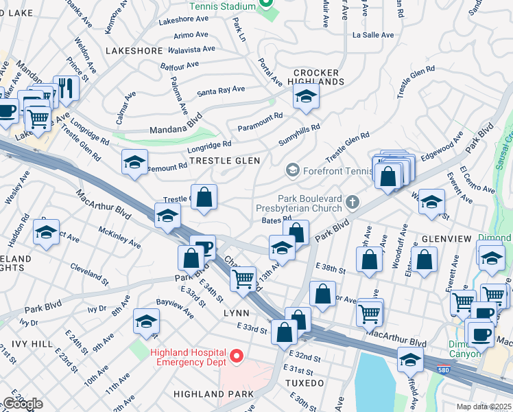 map of restaurants, bars, coffee shops, grocery stores, and more near in Oakland