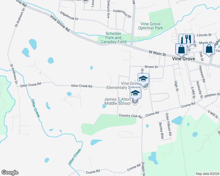 map of restaurants, bars, coffee shops, grocery stores, and more near 809 Otter Creek Road in Vine Grove