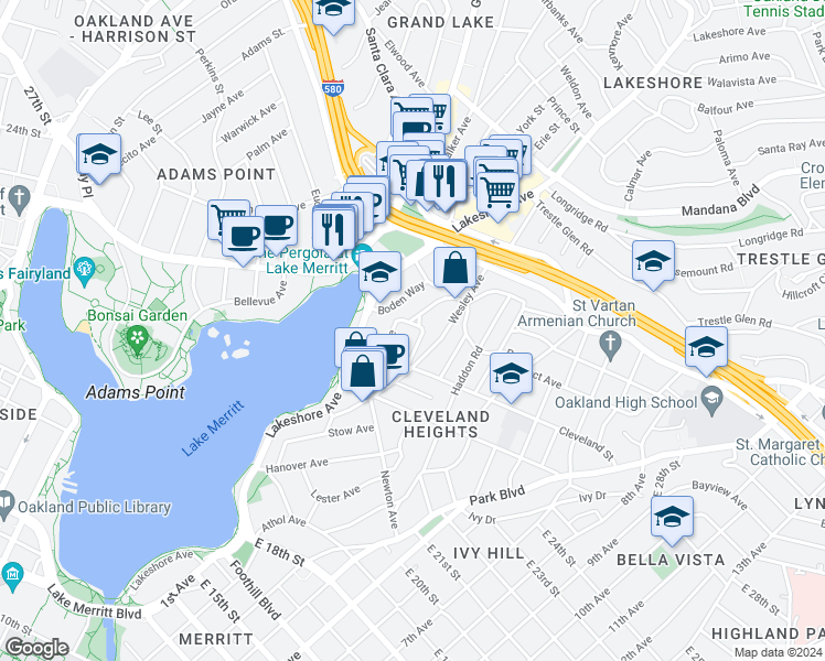 map of restaurants, bars, coffee shops, grocery stores, and more near 516 Merritt Avenue in Oakland