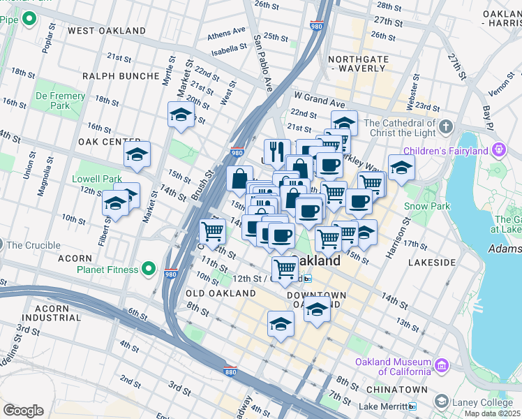 map of restaurants, bars, coffee shops, grocery stores, and more near 1511 Jefferson Street in Oakland