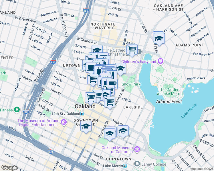 map of restaurants, bars, coffee shops, grocery stores, and more near 1901 Franklin Street in Oakland