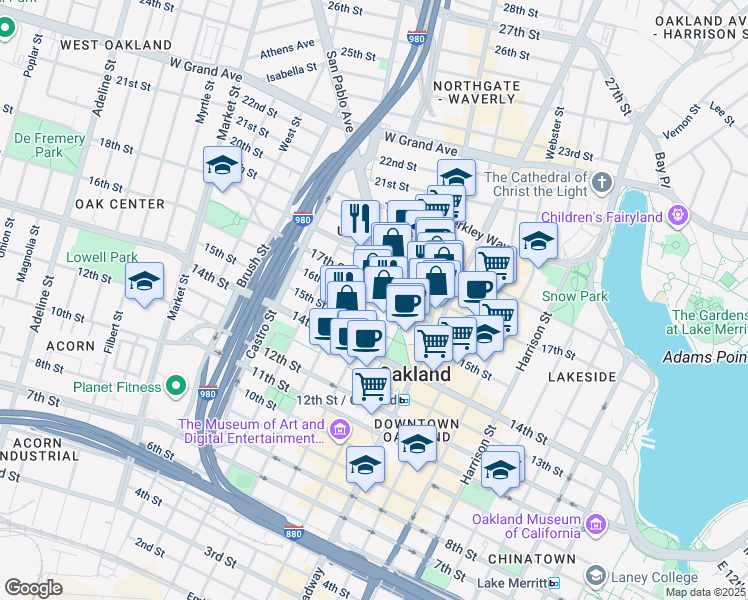map of restaurants, bars, coffee shops, grocery stores, and more near 1605 Clay Street in Oakland