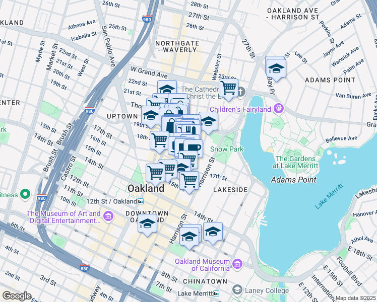 map of restaurants, bars, coffee shops, grocery stores, and more near 1901 Franklin Street in Oakland