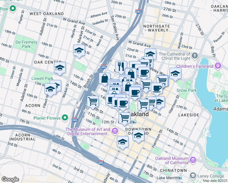 map of restaurants, bars, coffee shops, grocery stores, and more near 1511 Jefferson Street in Oakland
