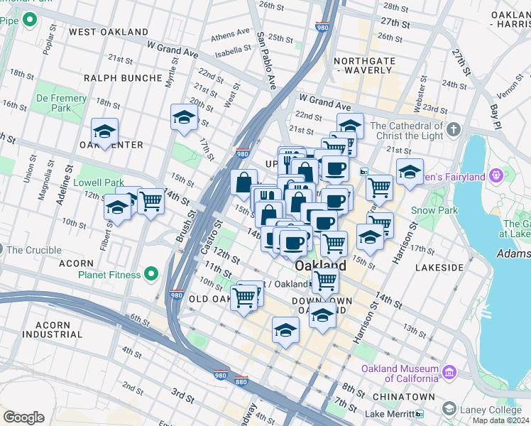 map of restaurants, bars, coffee shops, grocery stores, and more near 1603 Jefferson Street in Oakland